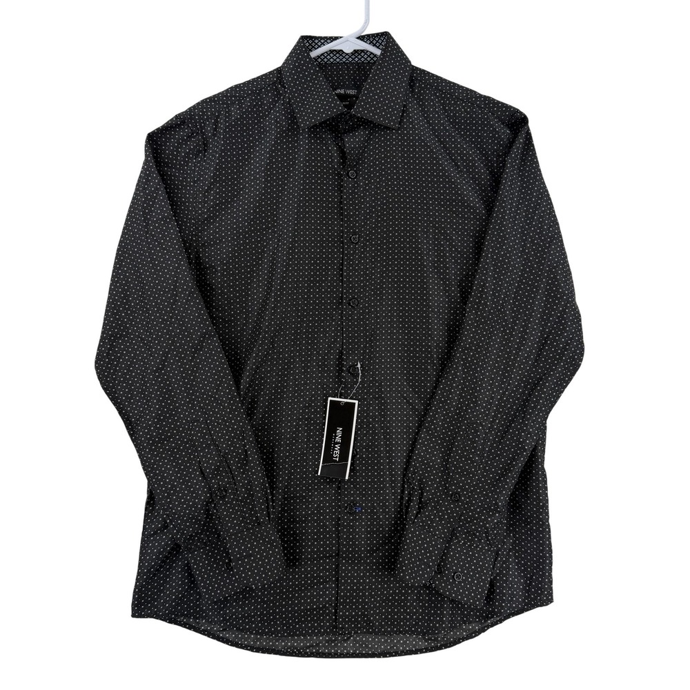 Nine West Shirt Mens Medium 15-15.5 32/33‎ Black Micro Print Slim Fit Dress